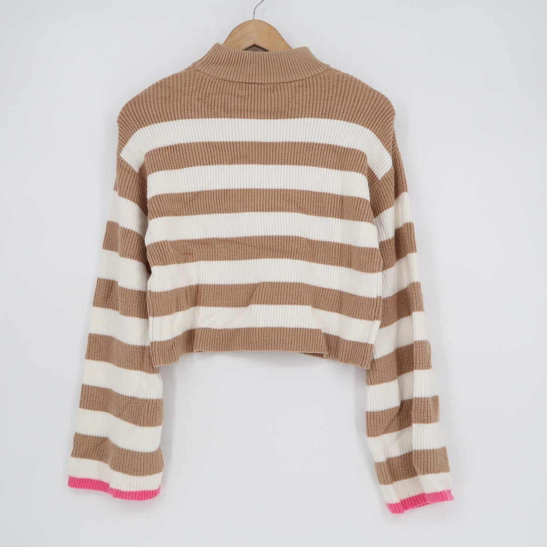 Sincerely Jules Womens Small Tan White Striped Mock Neck Cropped Sweater