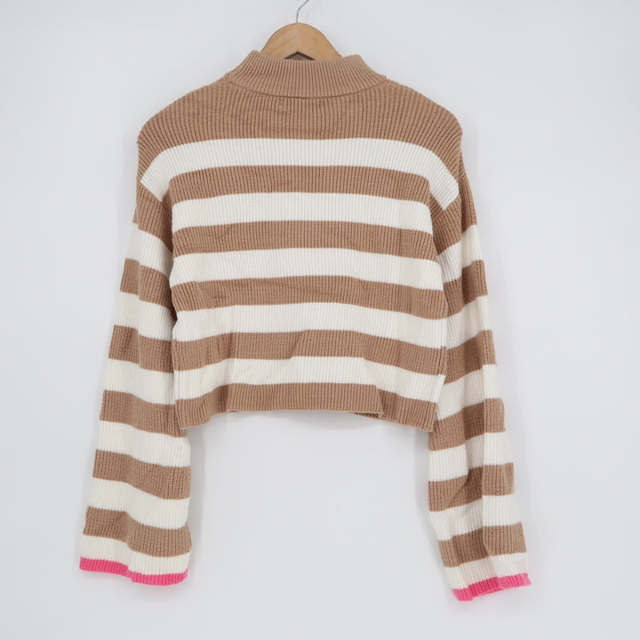 Sincerely Jules Womens Small Tan White Striped Mock Neck Cropped Sweater