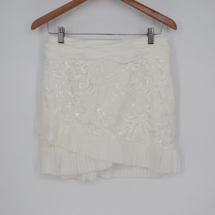 Naked Wardrobe White Sequin Floral Lace Pleated Ruffle Mini Skirt L