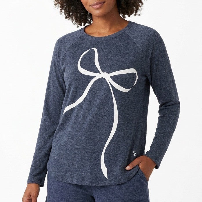 Cuddl Duds Pajama Top Womens Medium Blue Bow Print Stretch Long Sleeve Crew Neck