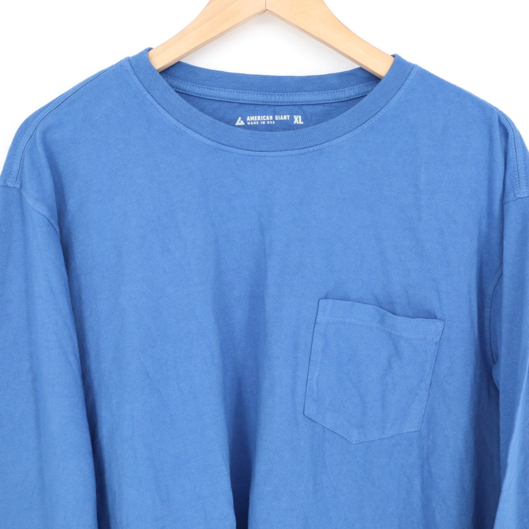 American Giant T-Shirt Mens XL Blue Cotton Front Pocket Crew Neck Long Sleeve
