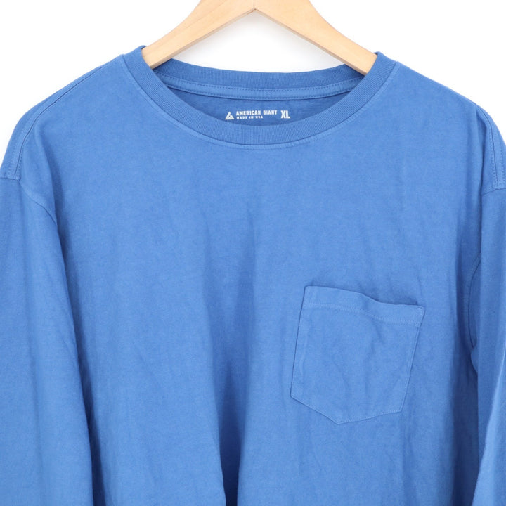American Giant T-Shirt Mens XL Blue Cotton Front Pocket Crew Neck Long Sleeve