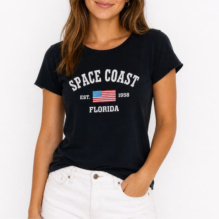Space Coast Florida Graphic T-Shirt Navy Blue Raw Neck Souvenir Tee 1958 EST