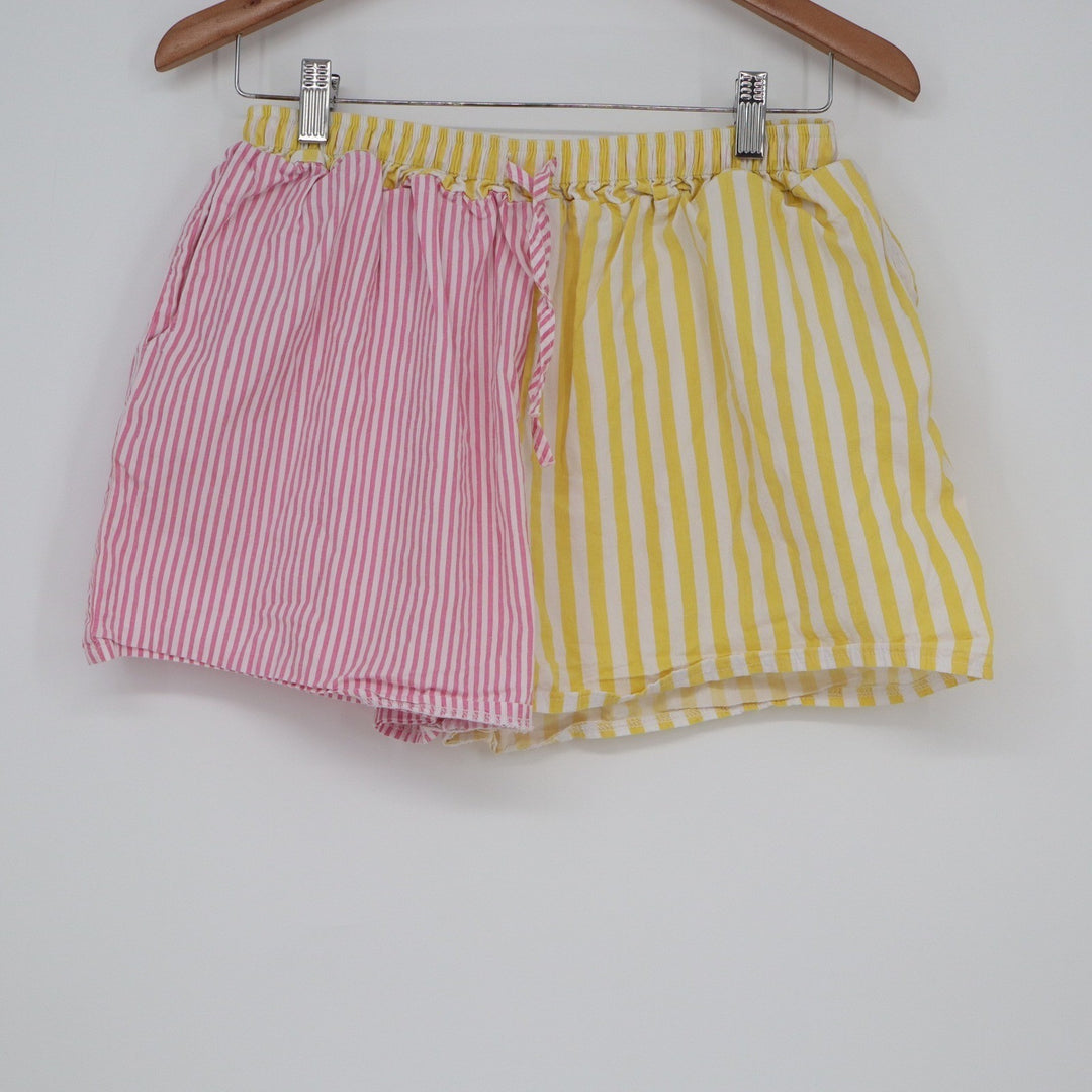 Pink Yellow Striped Colorblock Cotton Shorts Elastic Waist Size L