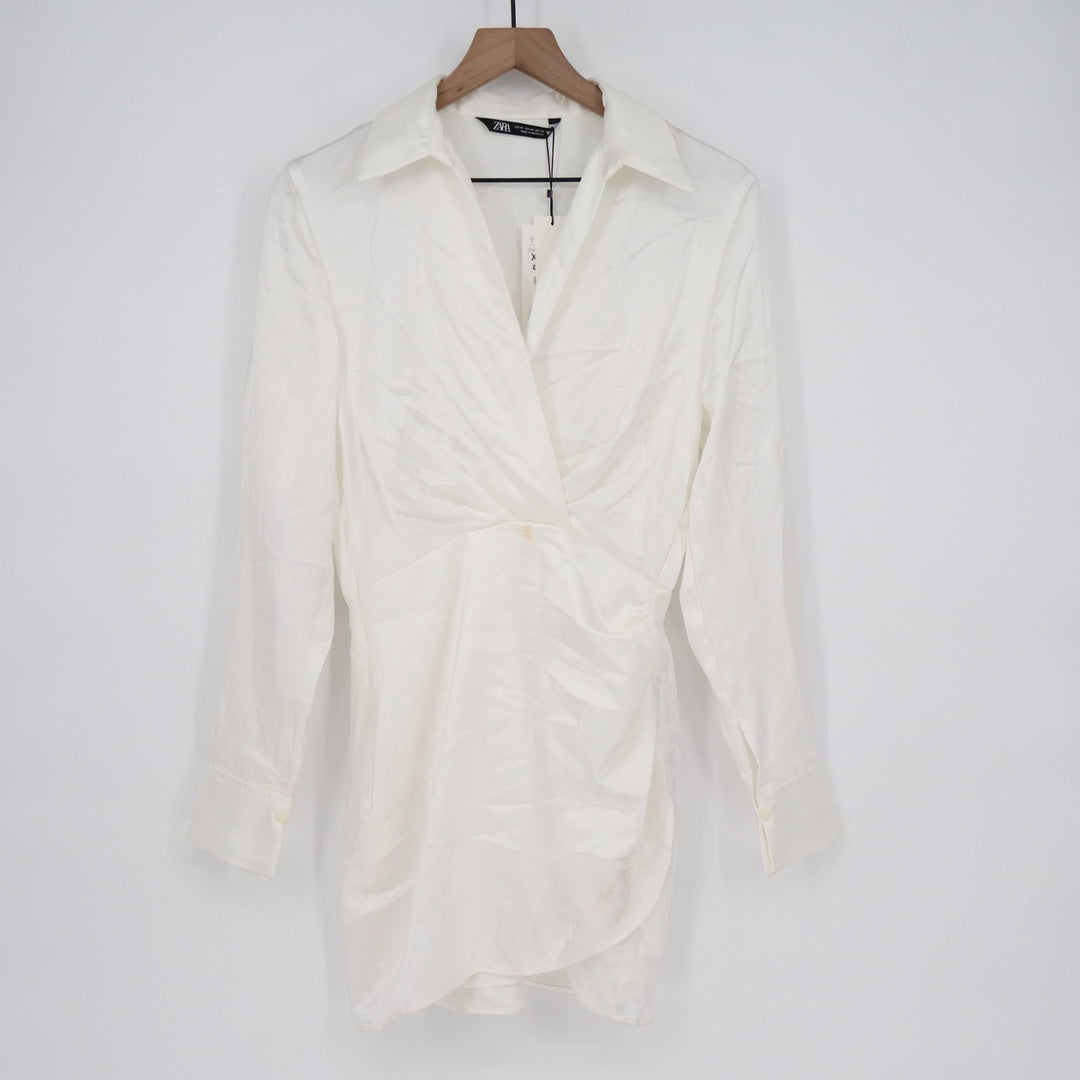 Zara Mini Dress Womens XS White Satin Effect Long Sleeve Surplice Neck Summer