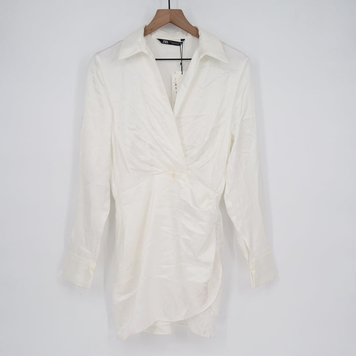 Zara Mini Dress Womens XS White Satin Effect Long Sleeve Surplice Neck Summer