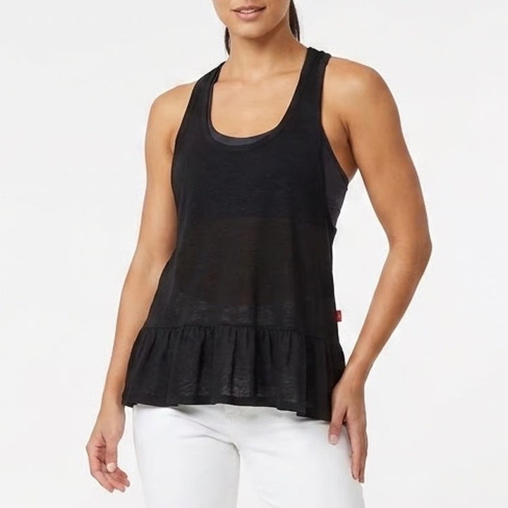 Josie by Natori Black Racerback Ruffle Hem Tank Top Small