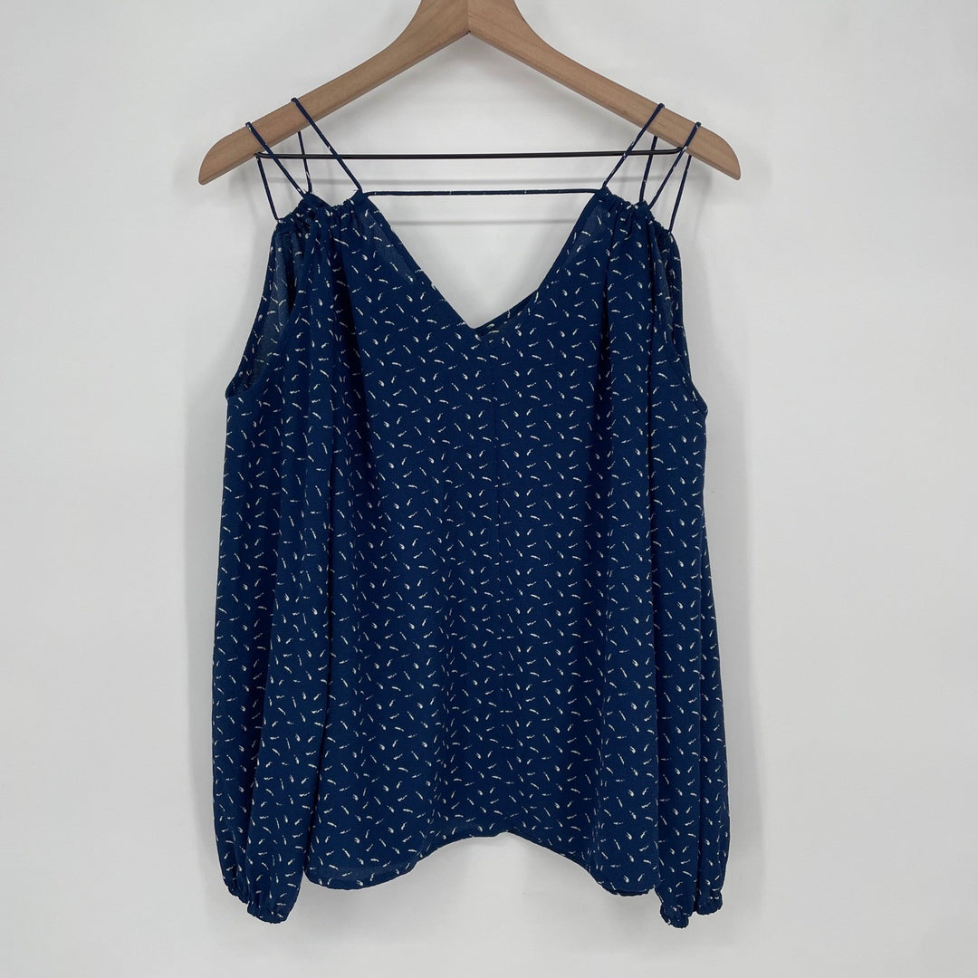 Crescent Navy Blue White Print Cold Shoulder V Neck Spaghetti Strap Blouse Top M
