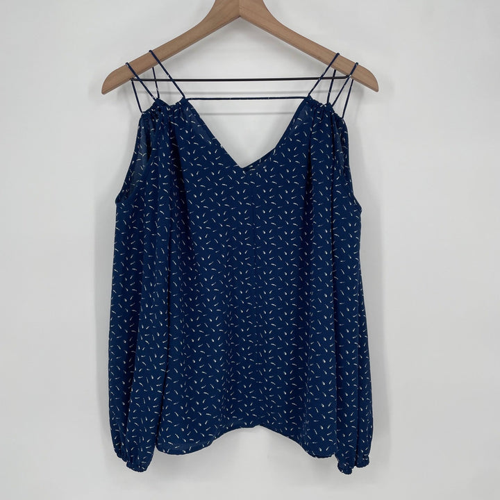 Crescent Navy Blue White Print Cold Shoulder V Neck Spaghetti Strap Blouse Top M