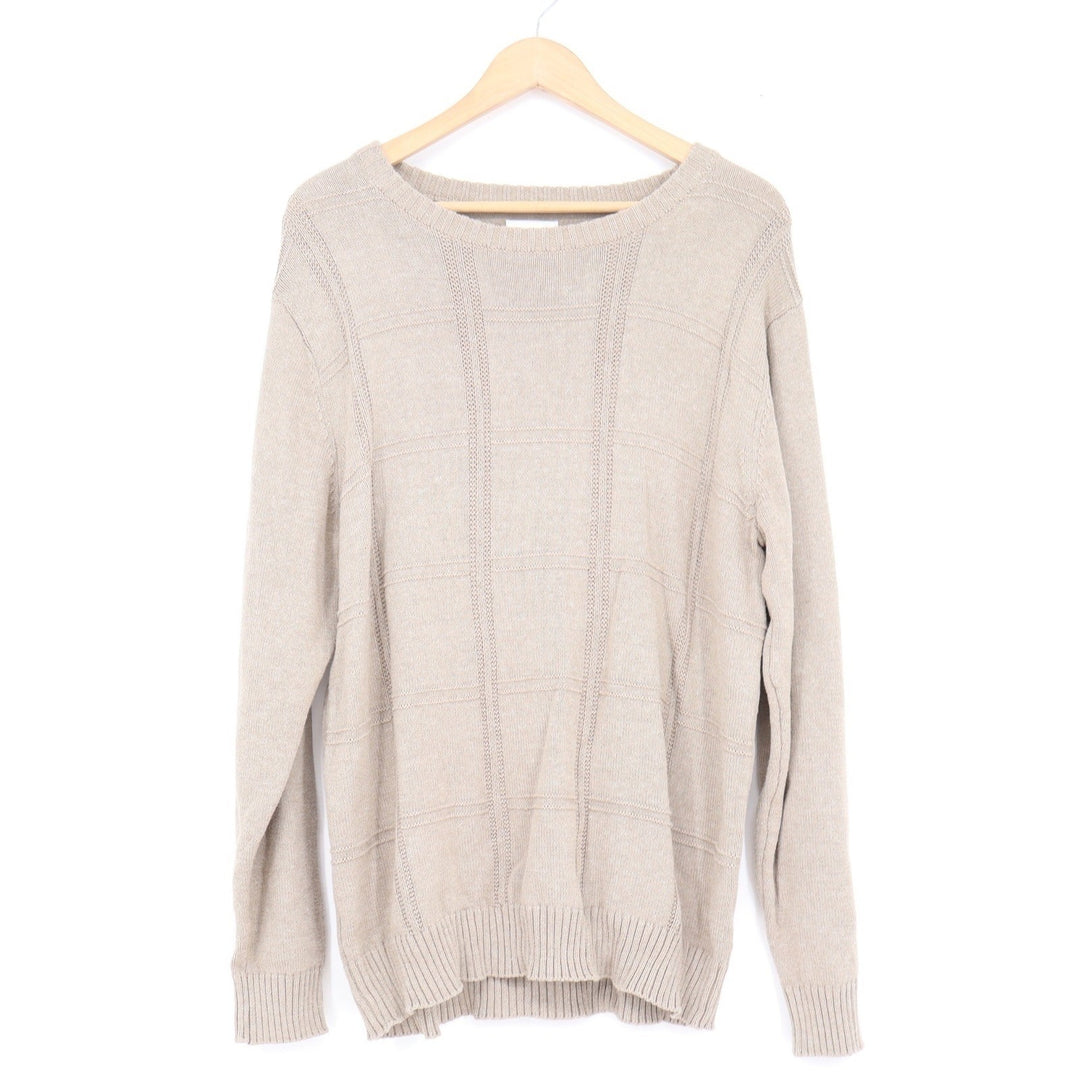 Haggar Mens Large Tan Beige Textured Grid Crewneck Cotton Blend Pullover Sweater