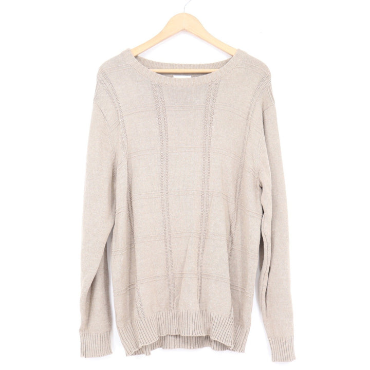 Haggar Mens Large Tan Beige Textured Grid Crewneck Cotton Blend Pullover Sweater