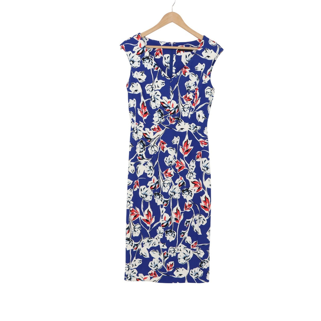 Ivanka Trump Dress Womens 6 Sheath Blue Floral Sleeveless Midi V-Neck Excellent