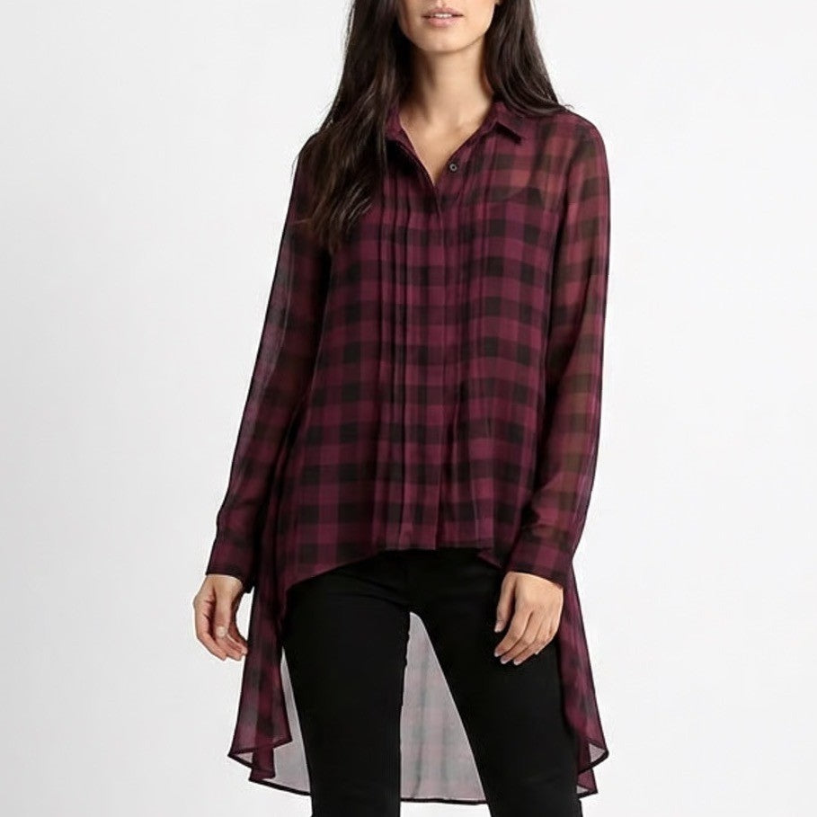 Storne Tunic Blouse Women M Red Black Check Hi Low Hem Spread Collar Long Sleeve