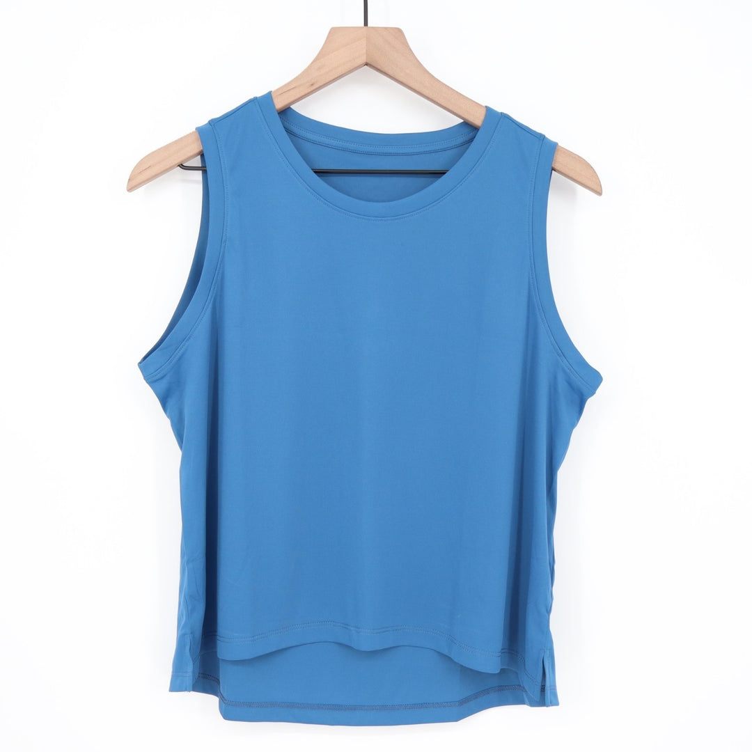 Tank Top Womens Blue Side Slit High Low Hem Crew Neck Running Yoga Activewear