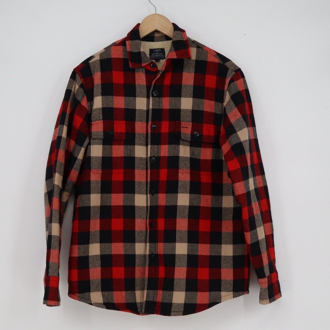 J.Crew Mens Red Buffalo Plaid Sherpa Lined Flannel Shirt Jacket Small