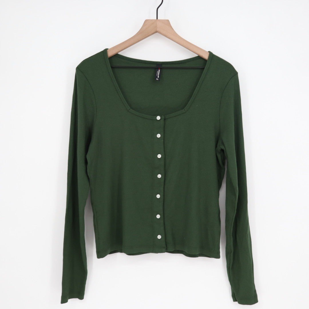 American Giant Ribbed Long Sleeve Square Neck Button Up Top Green XL