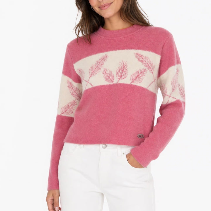Khushiya Pink Cream Fuzzy Knit Leaf Pattern Scalloped Neck Sweater Size M