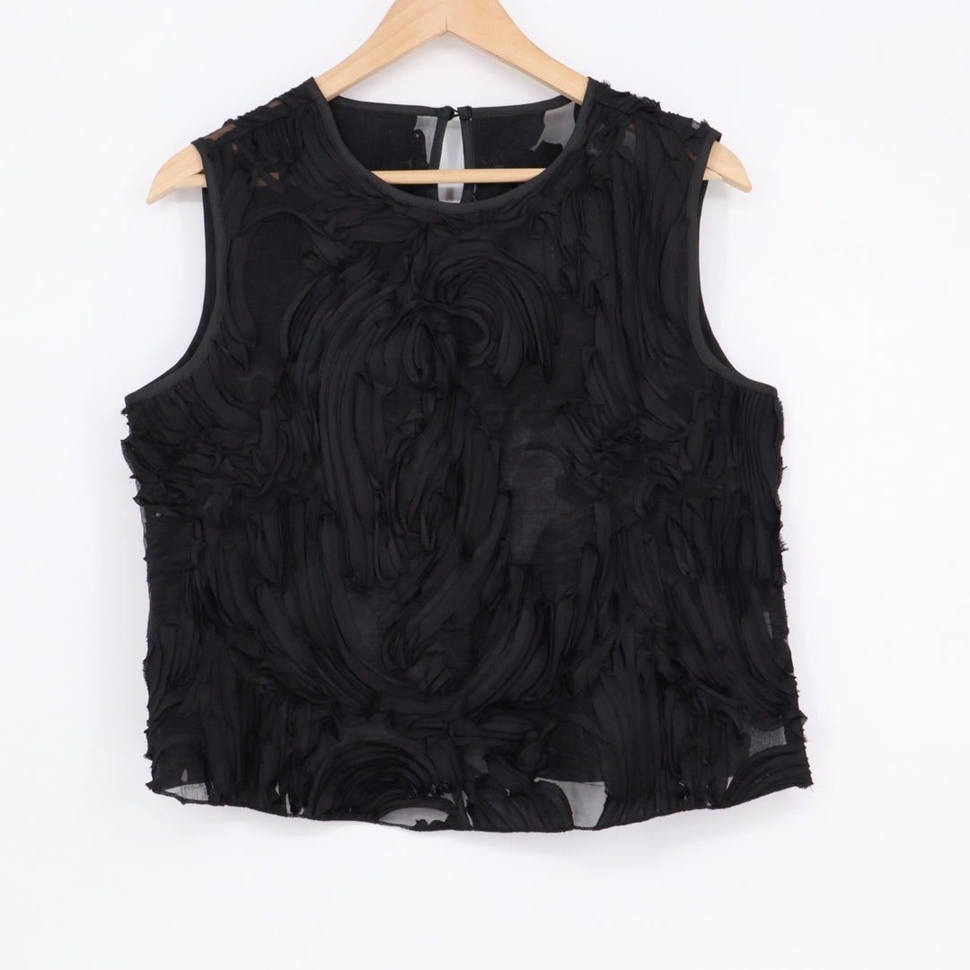 Shein Blouse Top Womens Medium Black Mesh Ruffle Detail Widw Strap Crew Neck