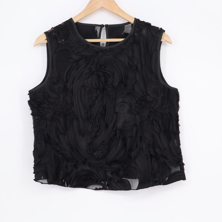 Shein Blouse Top Womens Medium Black Mesh Ruffle Detail Widw Strap Crew Neck