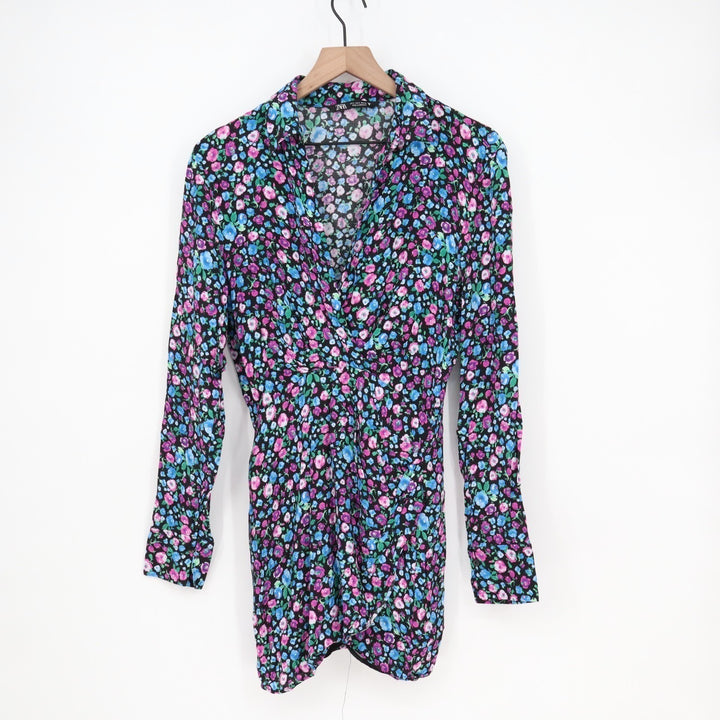 Zara Mini Dress Womens Small Multicolor Floral V-Neck Long Sleeve Spread Collar