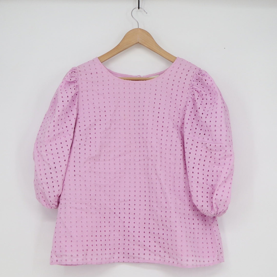 A New Day Pink Eyelet Puff Sleeve Blouse Round Neck Tie Back Top M