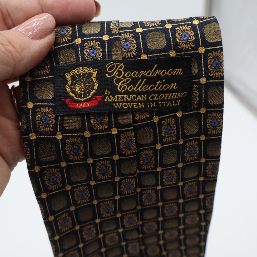 Boardroom Collection American Clothing Silk Tie Gold Navy Geometric Woven Italy