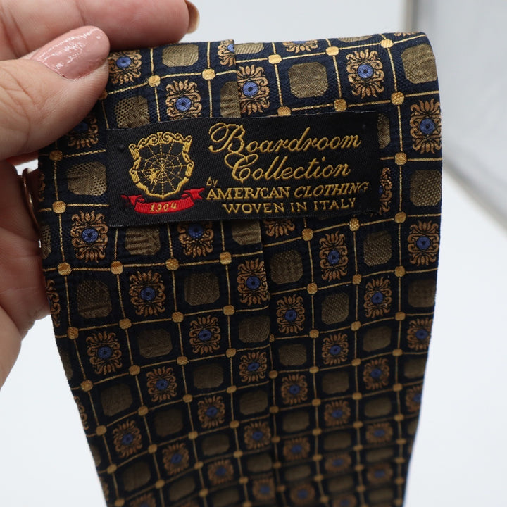 Boardroom Collection American Clothing Silk Tie Gold Navy Geometric Woven Italy