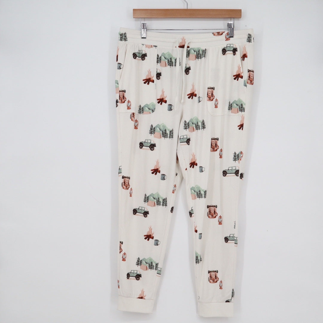 Natural Reflections Womens L Camping Print Pajama Jogger Pants Cream Outdoor SUV