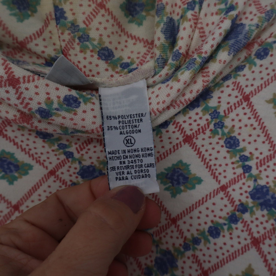 Cabin Creek Vintage 90s Floral Diamond Print Turtleneck Top XL Cream Blue Red