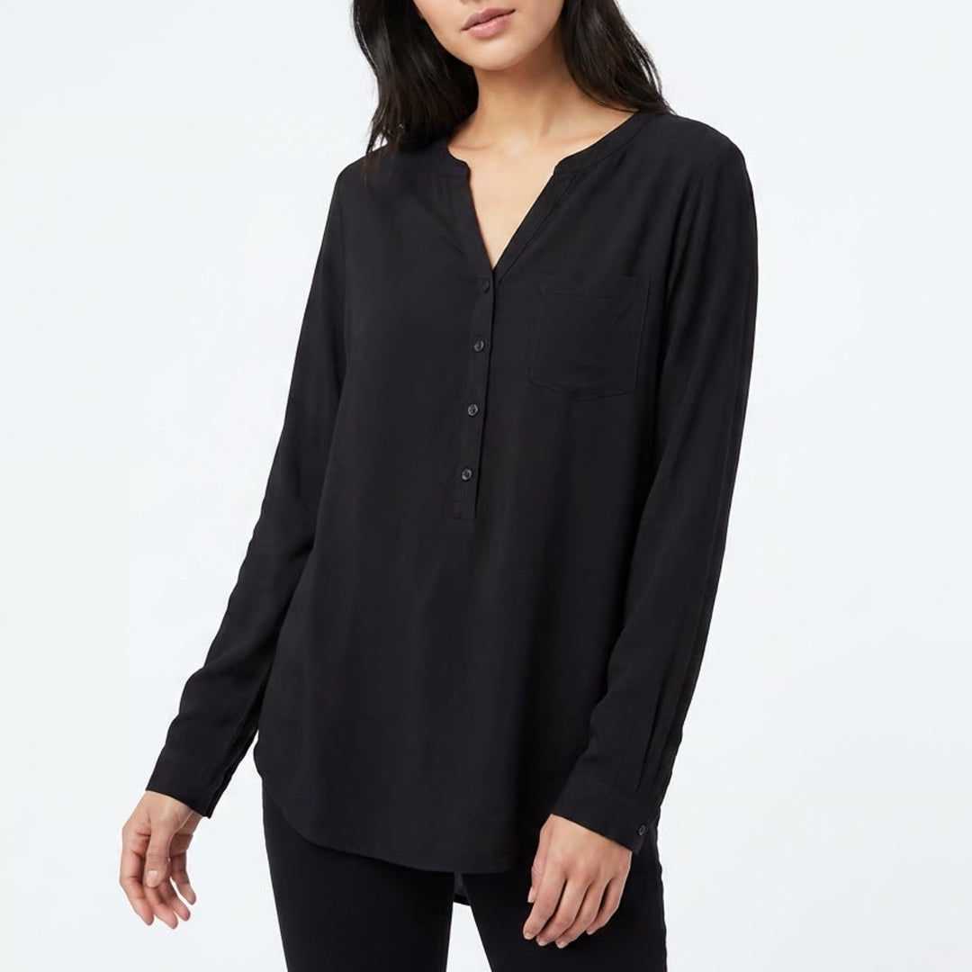 Merona Tunic Top Womens L Black Button Split Neck Roll Tab Sleeve Front Pocket