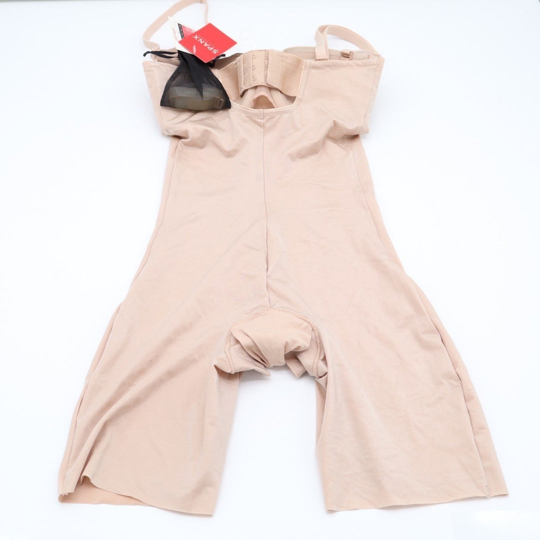Spanx Plunge Low-Back Mid-Thigh Bodysuit Women XS Beige Stretch Adjustable Strap