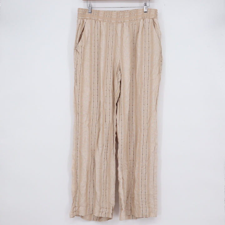 Briggs Womens Large Tan Striped Linen Blend Wide Leg Smocked Waist Pants