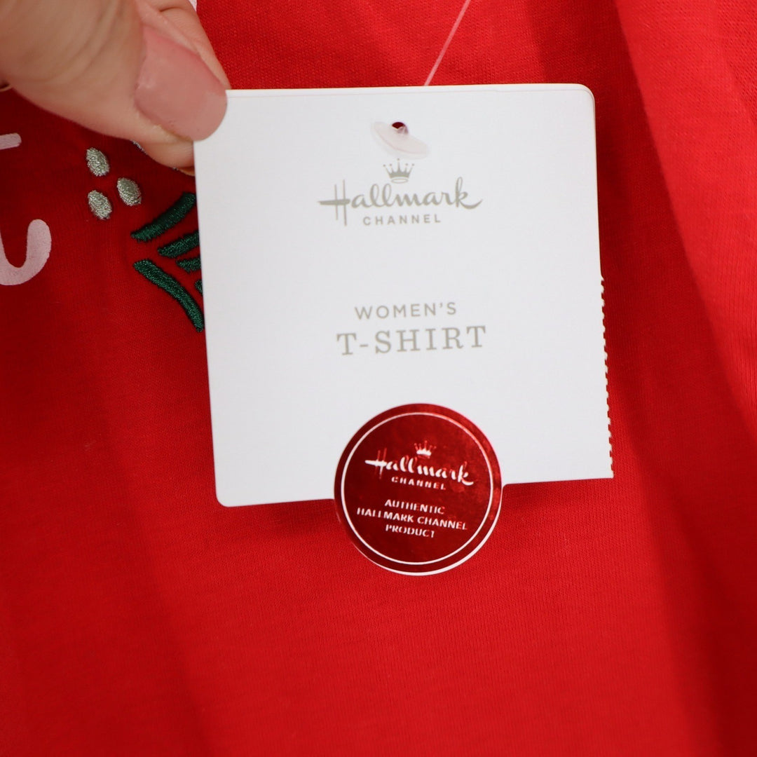 Hallmark Channel Womens Red Graphic T-Shirt Christmas Movie Watching Shirt Med