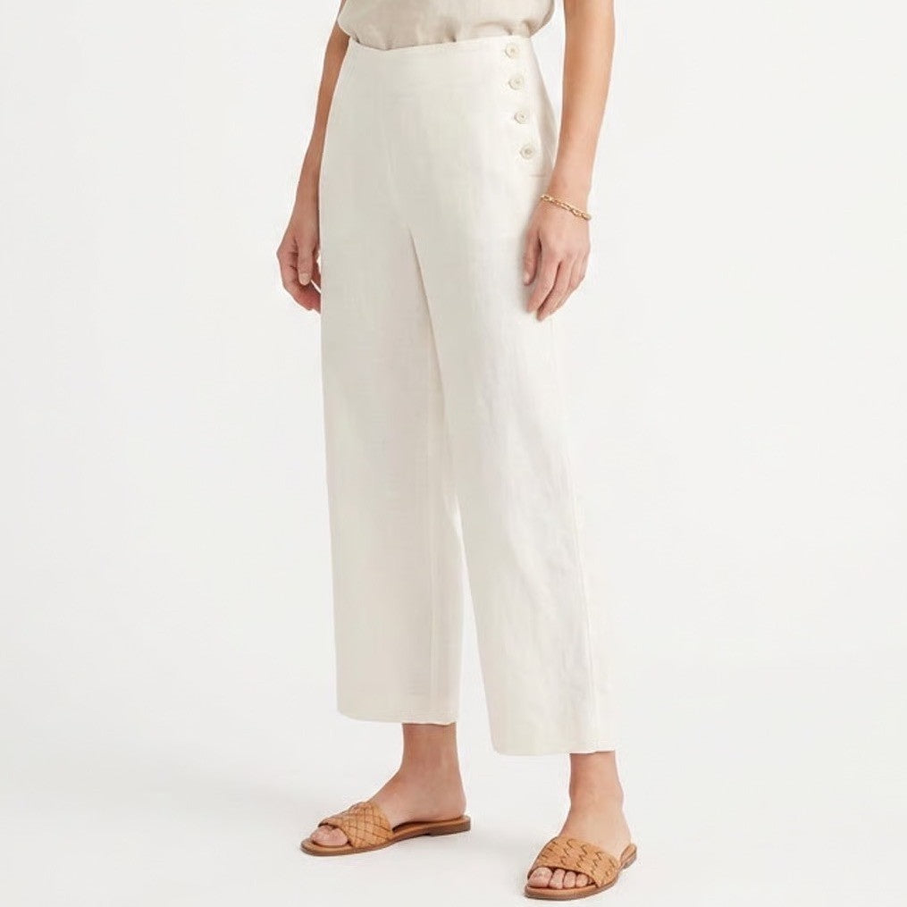 Talbots Petites White 100% Linen Wide Leg Side Button Trousers Pants 14P