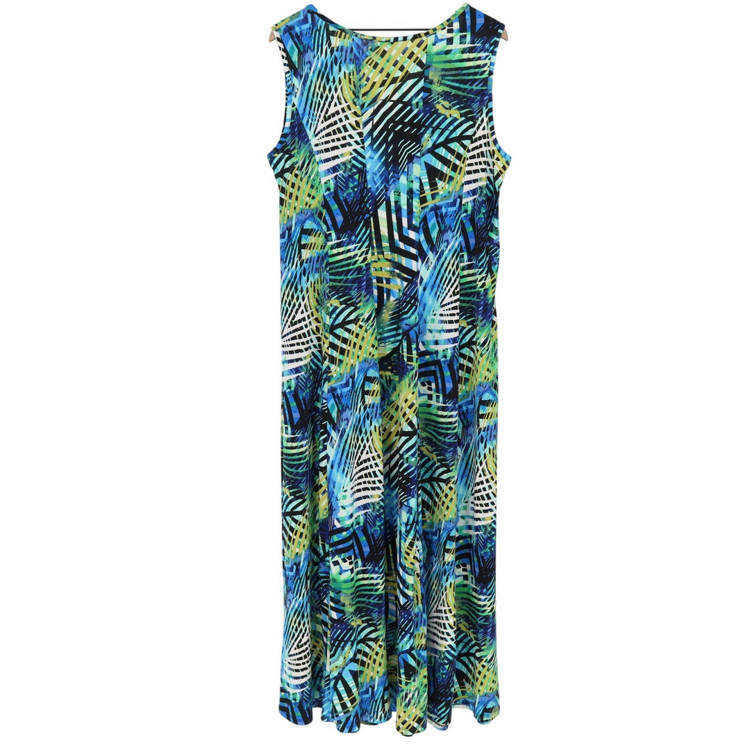 Sami & Jo Dress Womens 2X Maxi Geometric Palm Blue Green Sleeveless Excellent