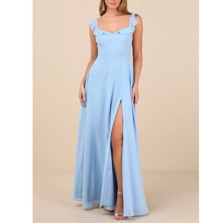 Lulus Dreamy Admiration Maxi Dress Womens Large Light Blue Ruffled Front Slit