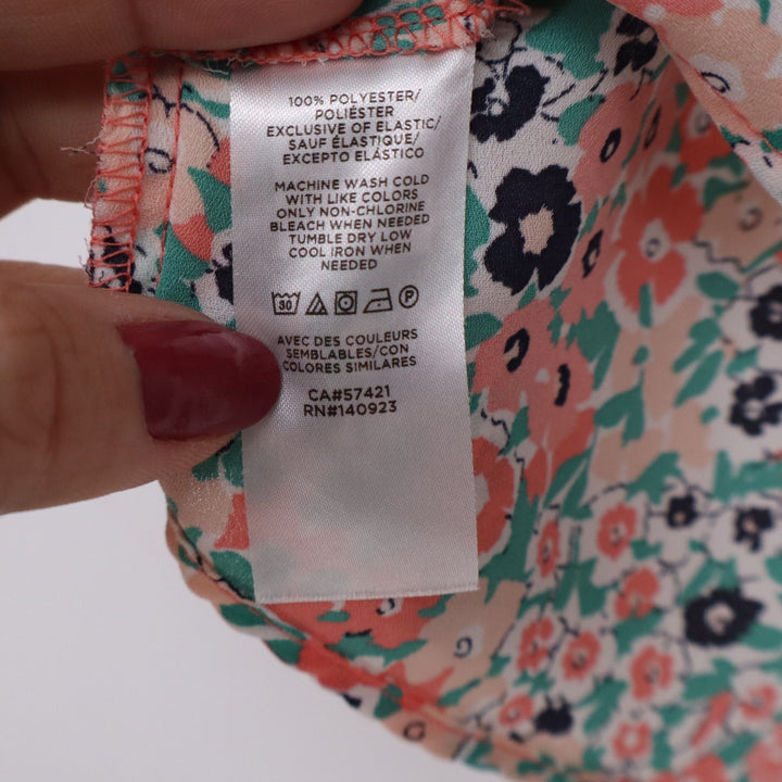 LOFT Womens XS Floral Smocked Ruffle Sleeveless Blouse Coral Teal Split Neck Top