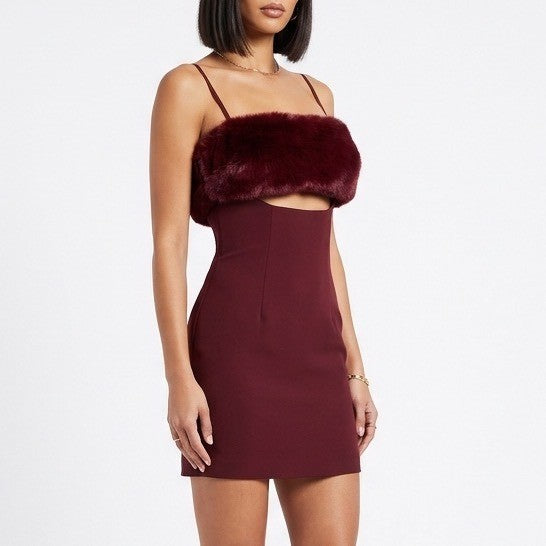 Naked Wardrobe Maroon Faux Fur Cutout Mini Dress Small