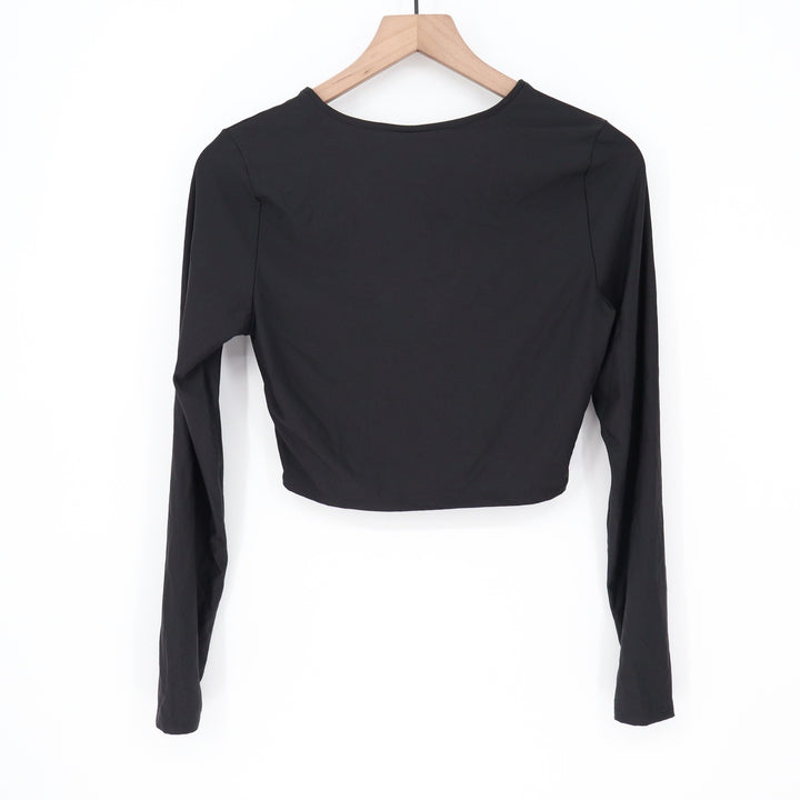 CALIA Womens LS Ruched Rashguard Pure Black Cropped Swim Top Size M