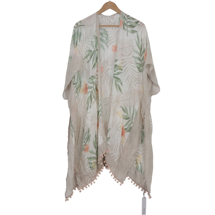 Modena Tropical Palm Floral Kimono Wrap Pom Pom Trim OS