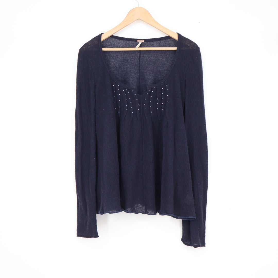 Free People Navy Blue Merino Wool Angora Embellished Babydoll Knit Top Medium