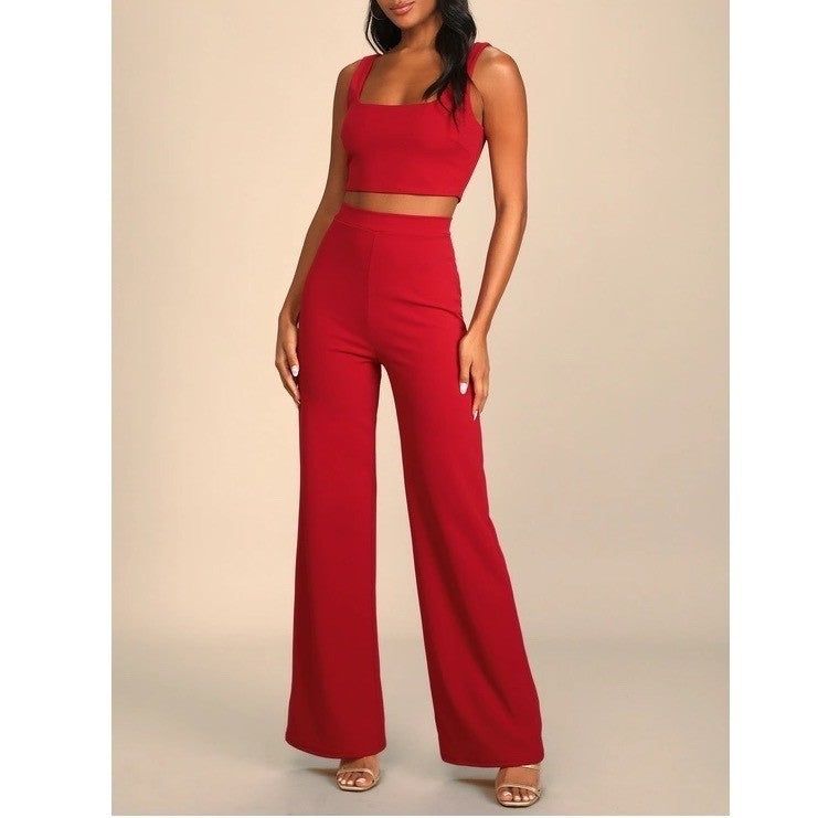 Lulus Red Two Piece Set Square Neck Crop Top Wide Leg Pants Size M 6309
