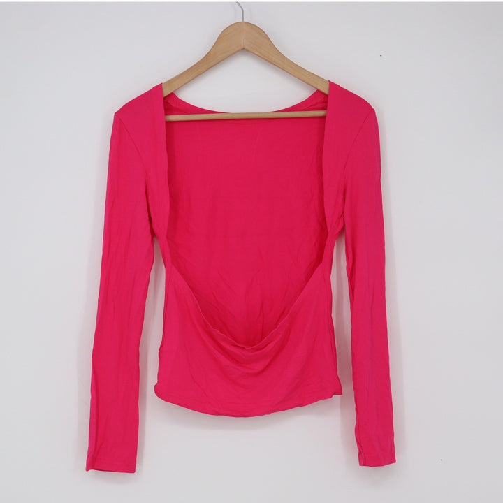 Unbranded Top Womens Medium Open Back Cowl Pink Long Sleeve Slim Excellent