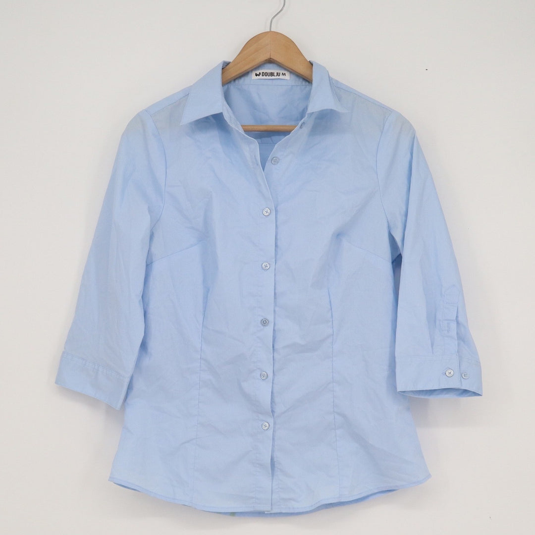 Doublju Womens 3/4 Sleeve Button Up Shirt Light Blue Size M Solid