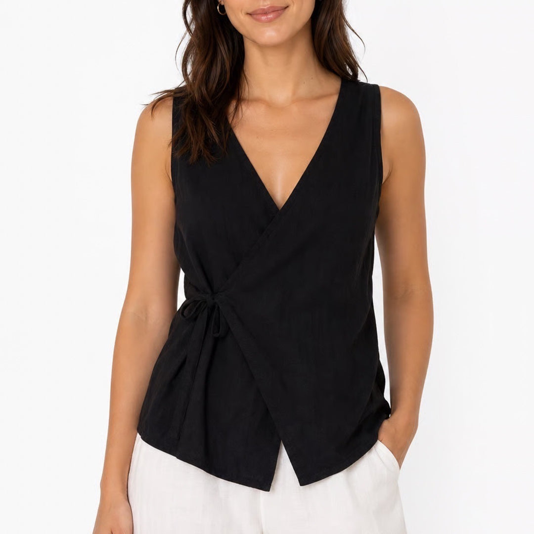 Old Navy Womens Black Linen Blend Wrap Sleeveless V-Neck Tie Top XS