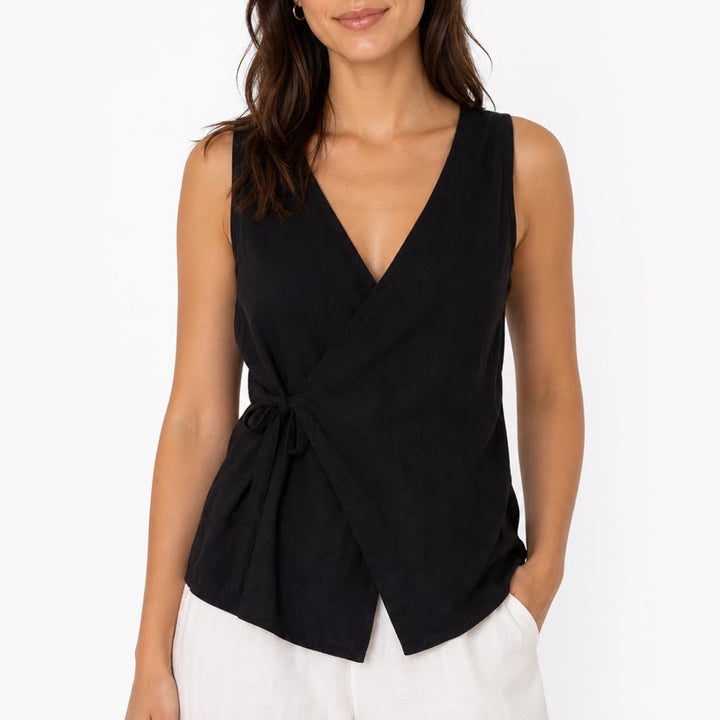 Old Navy Womens Black Linen Blend Wrap Sleeveless V-Neck Tie Top XS