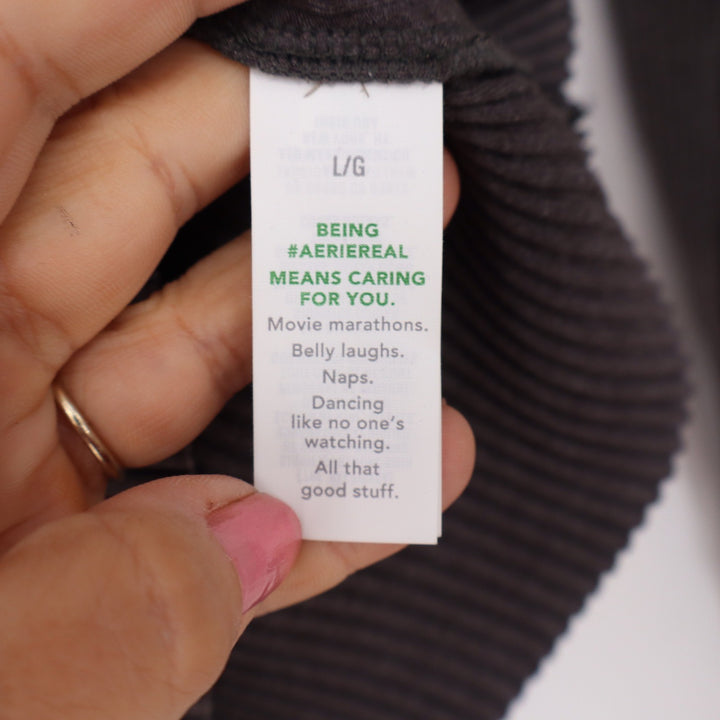 Aerie Top Womens L Henley Charcoal Gray Ribbed Long Sleeve Excellent