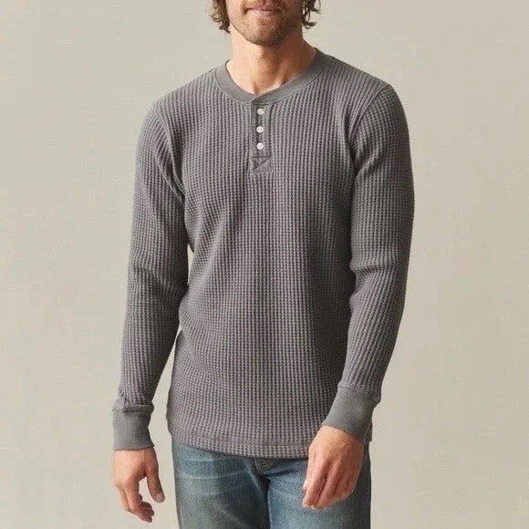 American Giant T-Shirt Men Large Gray Cotton Stretch Waffle Knit Henley Neck