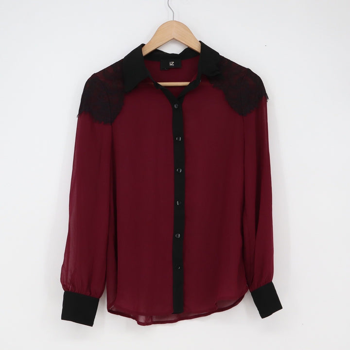 IZ Byer Blouse Womens XS Burgundy Lace Shoulder Contrast Button-down Excellent