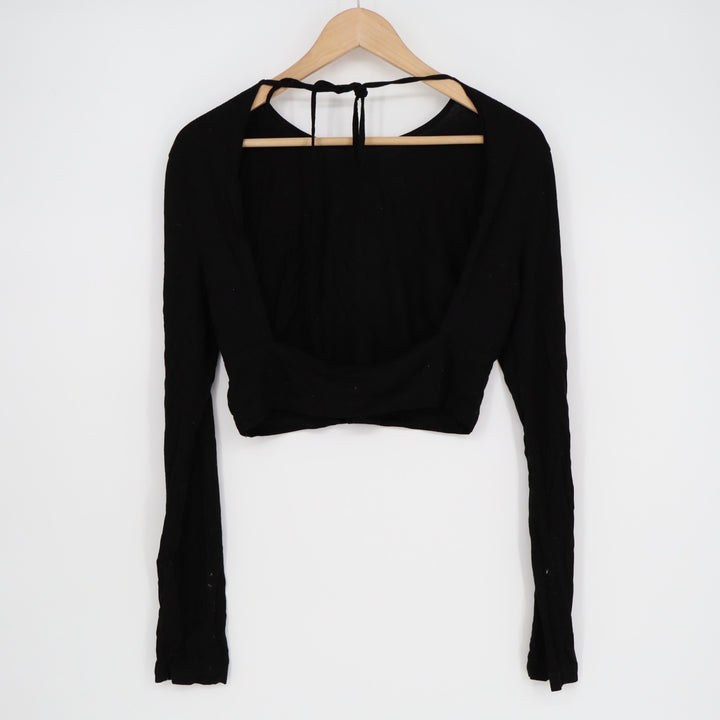 Shein Cider Crop Top Womens Medium Black Stretch Long Sleeve Round Neck Tie Back